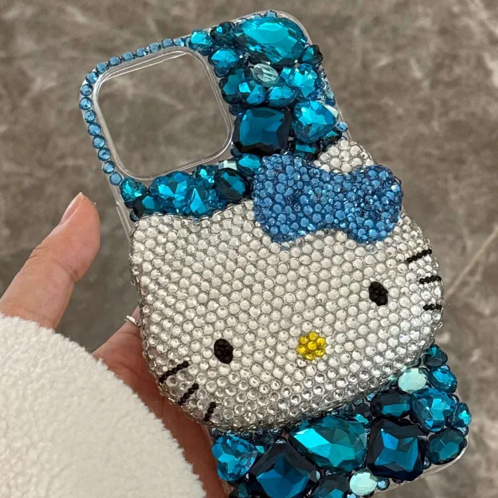 Cute Kitty Cat Rhinestone Bling Crystal Phone Case Chain For iPhone 16 12 13 14 15Pro Max X Xs XR 7 8 Plus SE 2 3 10 Transparent Bu