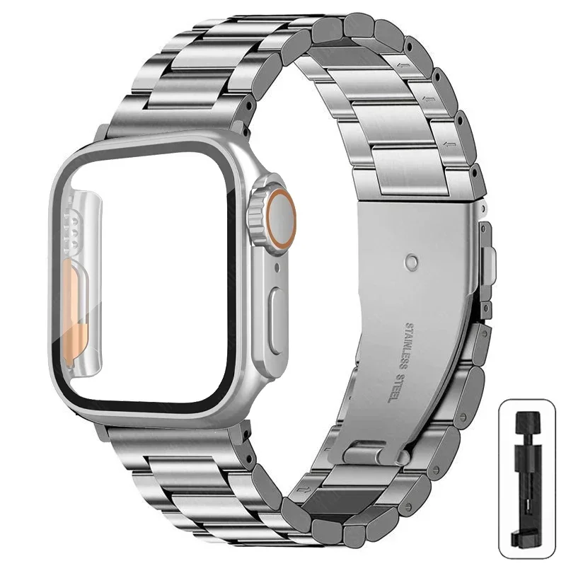 S7d55b572394044a2bf05e9c36dbe4b0cH-2.webp Stainless Steel Strap+Ultra Case for Apple Watch Band 44mm 45mm 41mm 40mm 42mm Case Metal Strap for iWatch Series 9 8 7 6 SE 5 4