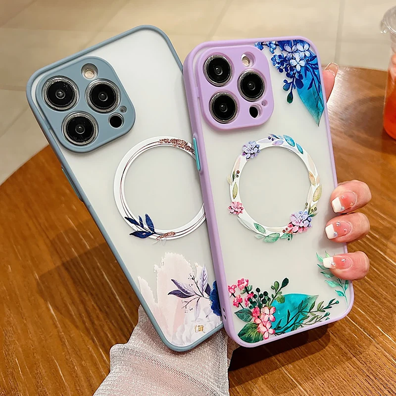 S7e37277ccb00403283f7fe739bdfd932K.webp Flower Pattern Case For iPhone 17 16 13 15 Pro Max 14 12 Pro 11 Air Shockproof For Magsafe Charging Iron Ring Matte Phone Cover