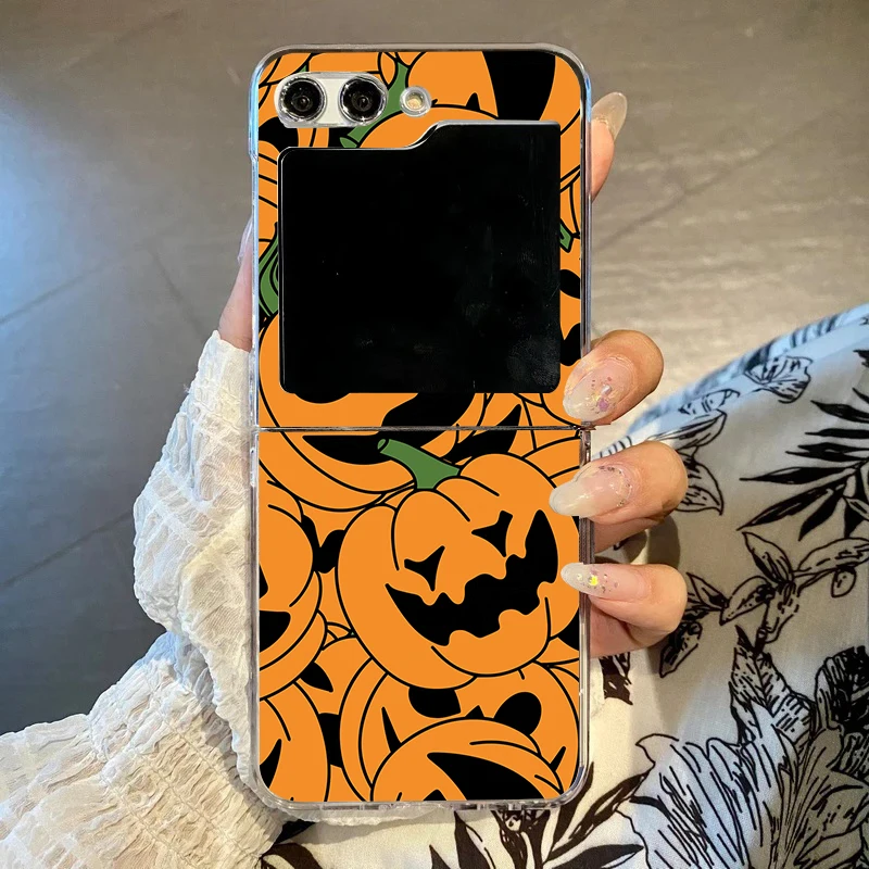 S7f67694997ca4166a6fce6038dad755b3.webp Halloween Pumpkin Ghost Bat Pattern Phone Case For Samsung Galaxy Z Flip 6 7 4 3 INS Clear Hard PC Folding Cover for Zflip 5 Bag
