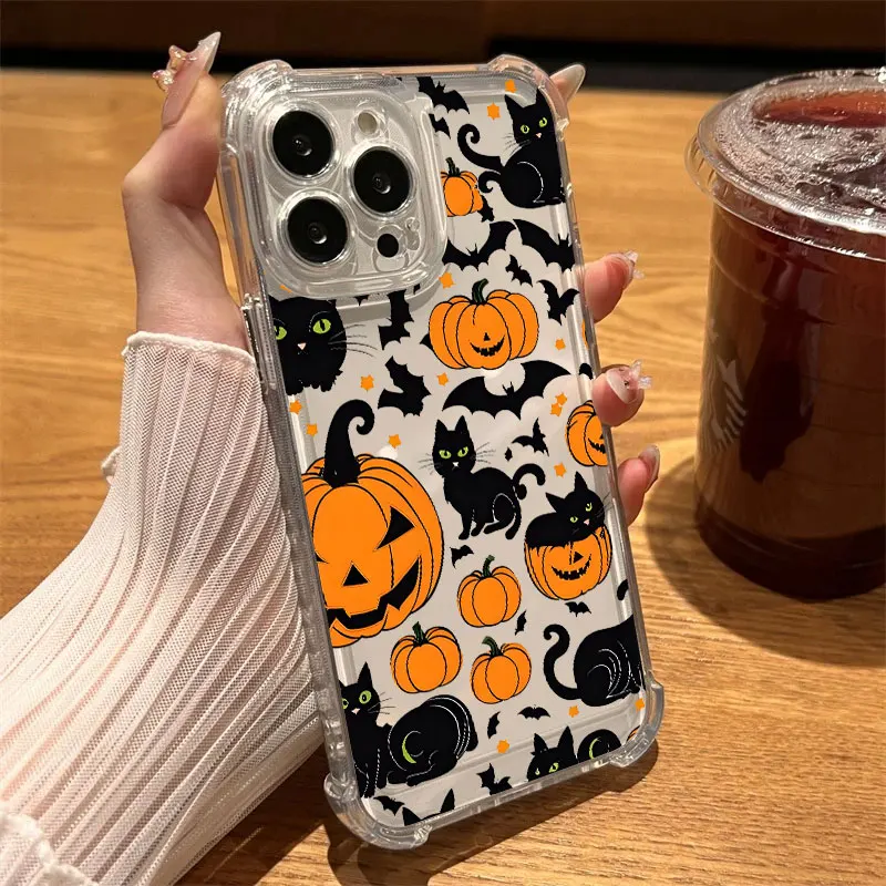 Happy Halloween Cat Pumpkin Bat Phone Case Clear For iPhone 17 16 14 15 11 12 13 Pro Max 16E 16 Plus 17Air Soft Shockproof Cover