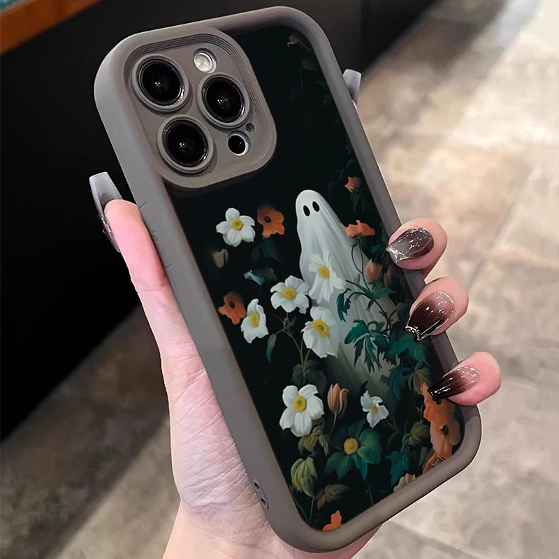 Halloween White Ghost Among Flowers Pattern Silicone Phone Case For iPhone 17 Pro Max XS XR X 16 11 13 12 14 15 8 Plus 16E Cover