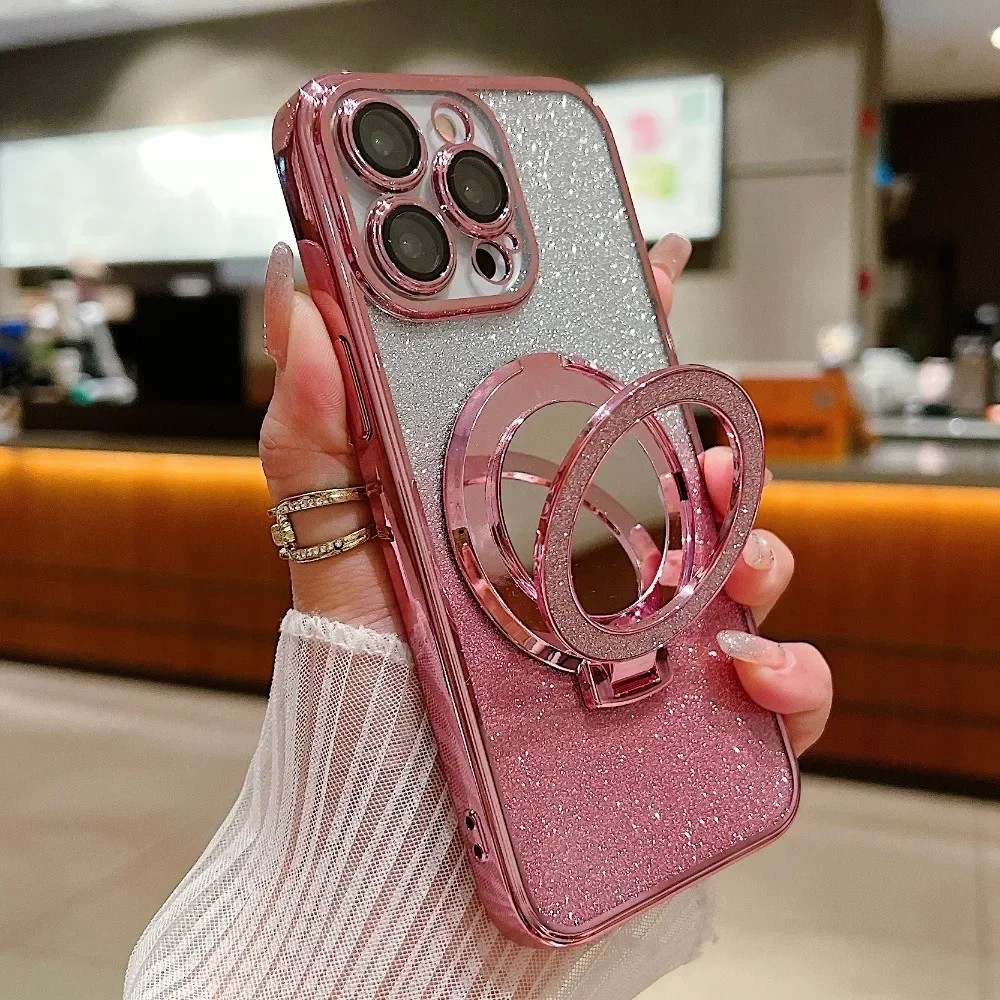 Glitter Diamond for Magsafe Bracket Case for iPhone 15 14 13 16 17 Pro Max Air 16 Plus 11 12 Xr Xs Ring Holder Gradient Cover