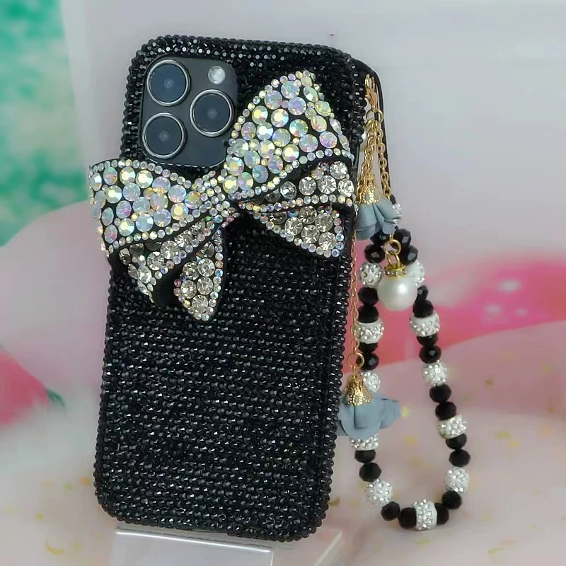 Cute Crystal Diamond Bow Strap Phone Case For iPhone 16 15 13 14 17 Pro Plus Samsung Galaxy S24 S22 S25 S21 S23 FE Ultra Note 20