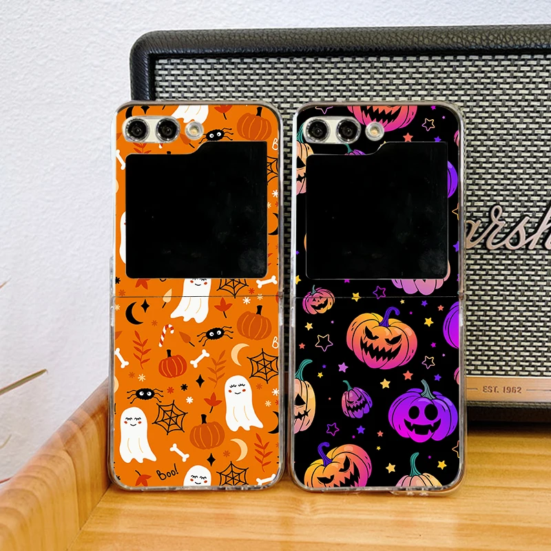 S8141bb561ccc4a359b1199ae6e9d075cd.webp Halloween Pumpkin Ghost Bat Pattern Phone Case For Samsung Galaxy Z Flip 6 7 4 3 INS Clear Hard PC Folding Cover for Zflip 5 Bag