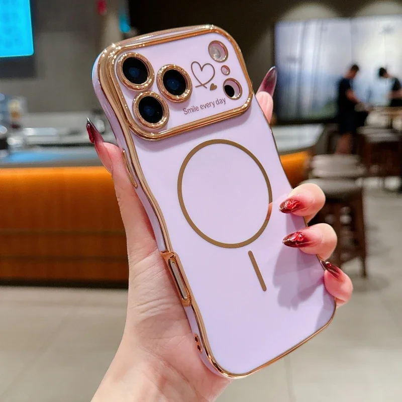 For Magsafe Plating Love Heart Wavy Lines Phone Cases for IPhone 17 16 14 13 12 11 Pro Max 16 15 Plus 17 Air Case Magnetic Cover