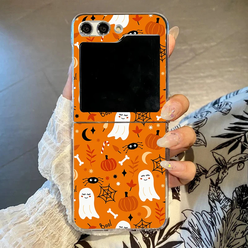 S81fe8a25746c4e3089ac4dd591bfa121l.webp Halloween Pumpkin Ghost Bat Pattern Phone Case For Samsung Galaxy Z Flip 6 7 4 3 INS Clear Hard PC Folding Cover for Zflip 5 Bag