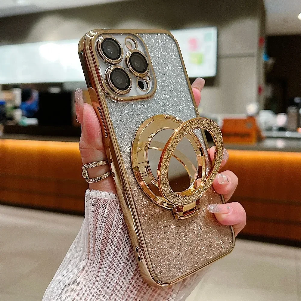 Glitter Diamond for Magsafe Bracket Case for iPhone 15 14 13 16 17 Pro Max Air 16 Plus 11 12 Xr Xs Ring Holder Gradient Cover