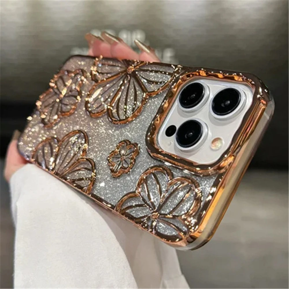 S82ca6432fb7140559cd175b05a754c863.webp Plating Clear Bling Glitter Gradient Flowers Phone Case For iPhone 17 16 15 11 12 13 14 Pro Max Soft Silicone Shockproof Cover