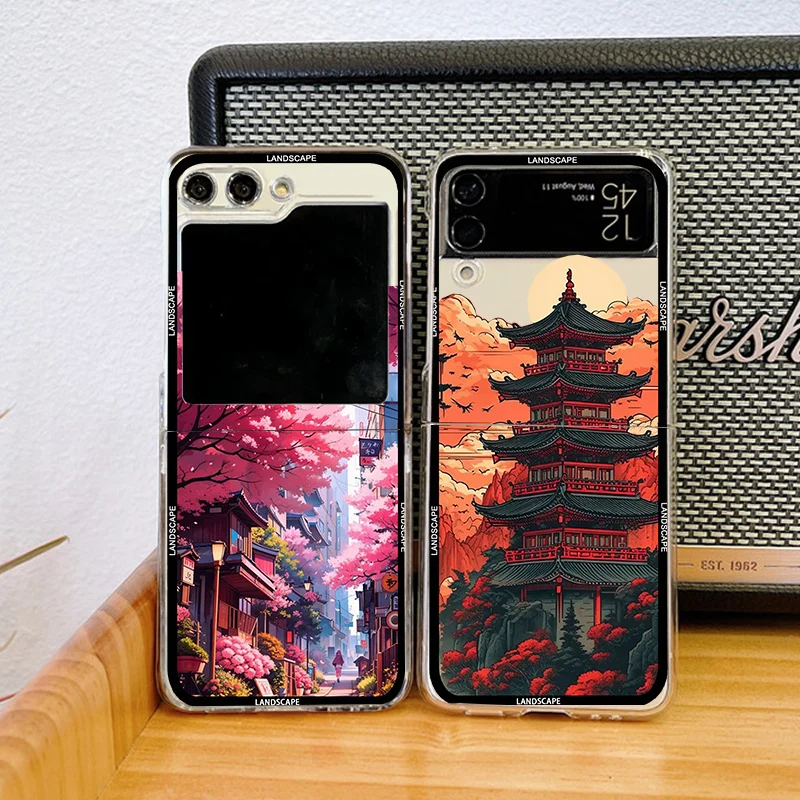 S82ecc6de544d4428ad09939a2e90ce87r.webp Japan Anime Landscape Phone Case For Samsung Galaxy Z Flip 7 6 5 3 4 Sakura Hard PC Shockproof Full Protective Cover For Zflip4