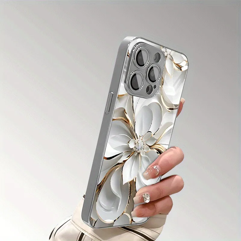 S830423c3915448769a7cc05ebcedf9923.webp Oil Painting White Flowers Tempered Glass Electroplated Phone Case For iPhone 17 16 15 14 13 12 11 Pro Max Plus 16E 17 Air Cover