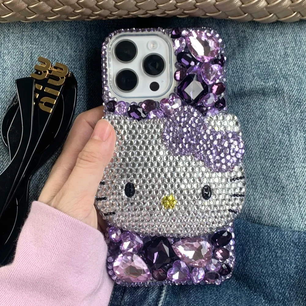Cute Kitty Cat Rhinestone Bling Crystal Phone Case Chain For iPhone 16 12 13 14 15Pro Max X Xs XR 7 8 Plus SE 2 3 10 Transparent Bu