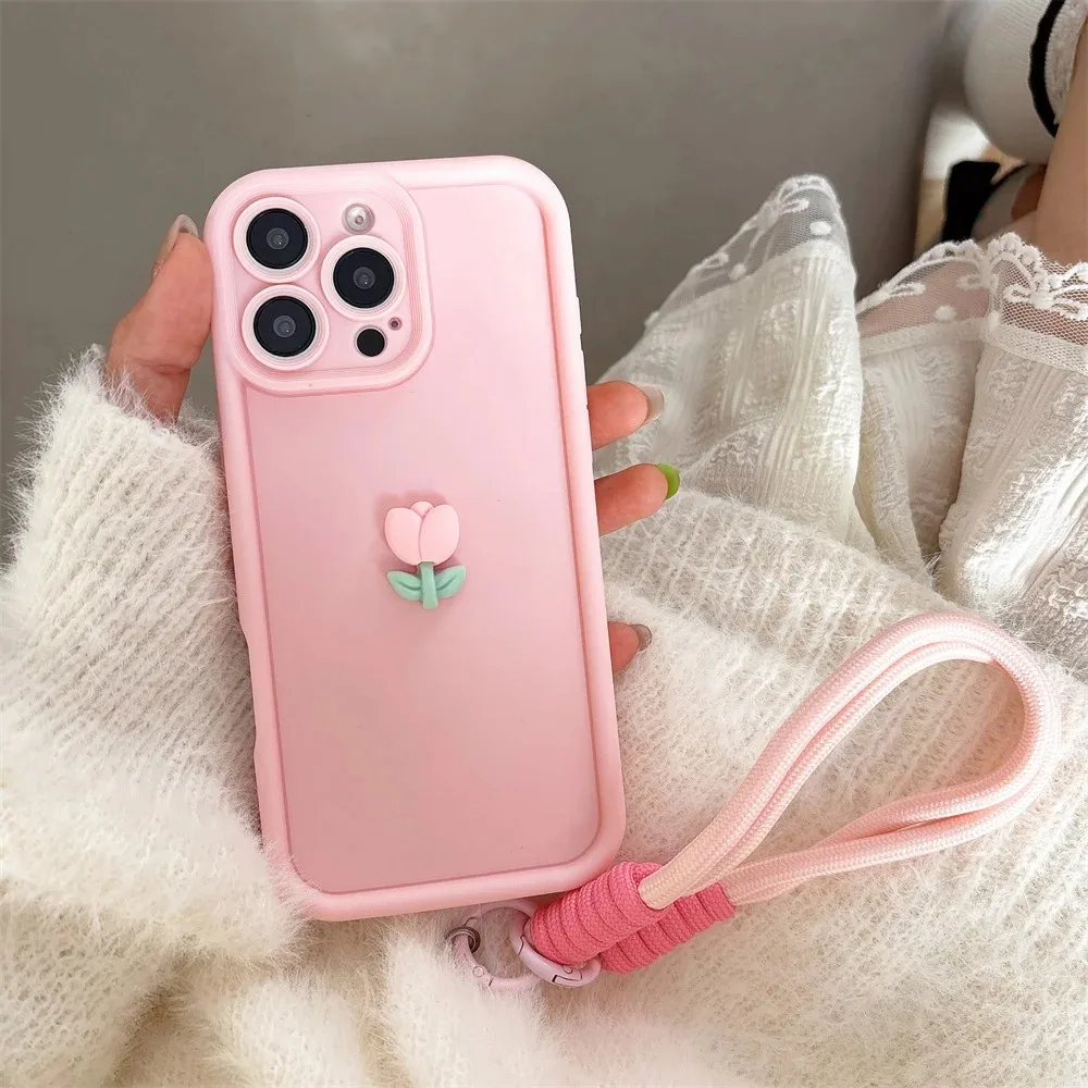 S85e936d8cc6c41ff9fd3fa8edbbdc50cH.webp 3D Cute Tulip Flower Lanyard Rope Phone Case For iPhone 17 16 15 14 13 12 11 Pro Max 16E X XS XR 7 8 Plus Silicone Soft Cover