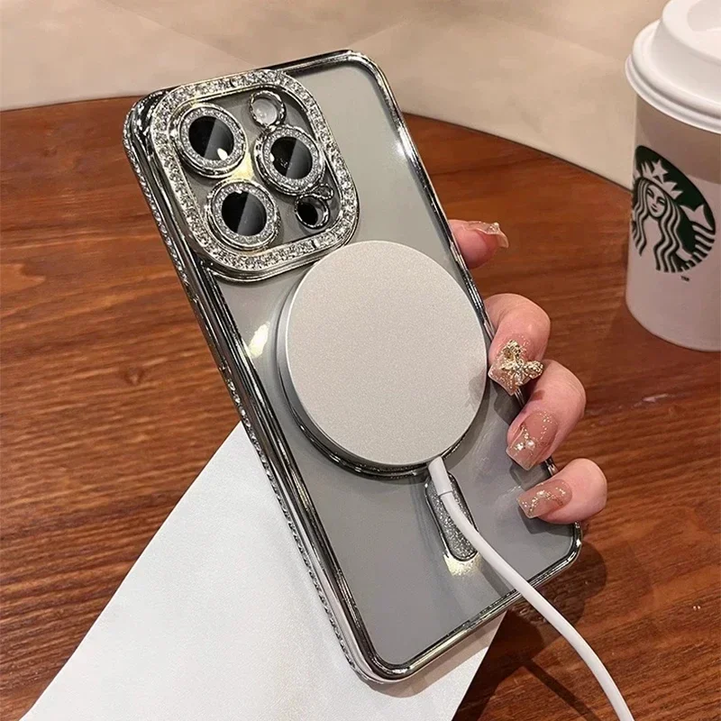 S85e9823c5c244d6dbf879c83fdc73a947.webp New Fashion Glitter Diamond Transparent Case For iPhone 16 15 14 13 11 12 17 Pro Max Plus Magnetic Wireless Charge Bumper Cover