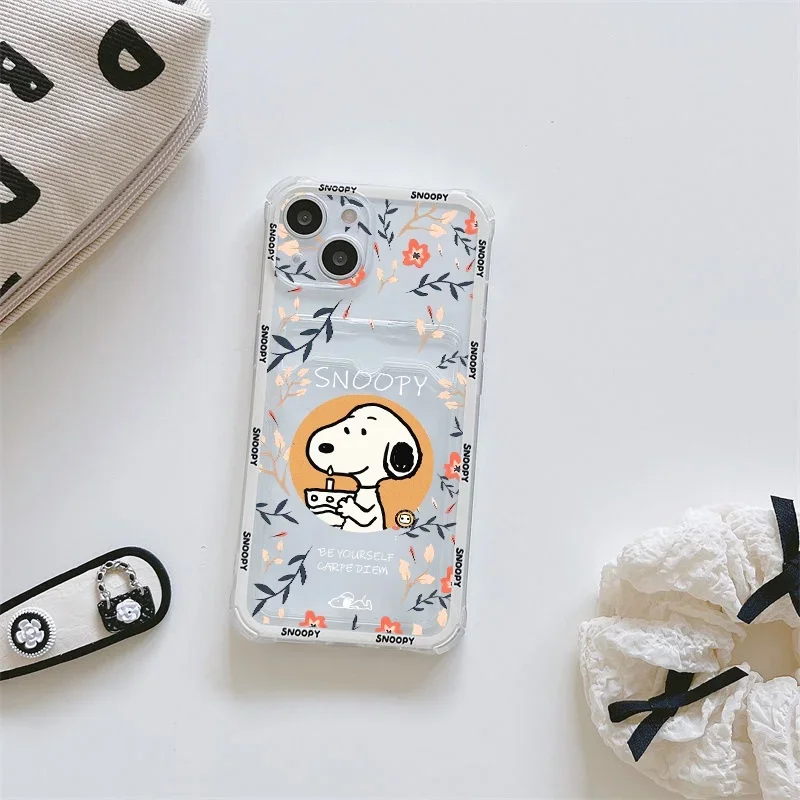 Funny Snoo Card Bag Phone Case For IPhone 16 15 14 13 12 17 Pro Max Mini Plus 16E 17 AIR Wallet Soft Clear Cute Cartoon Cover