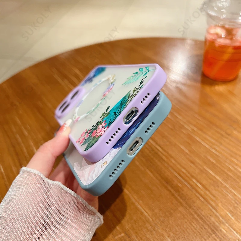 S869b213437ea47ce80c2d2bf64b27a0eI.webp Flower Pattern Case For iPhone 17 16 13 15 Pro Max 14 12 Pro 11 Air Shockproof For Magsafe Charging Iron Ring Matte Phone Cover