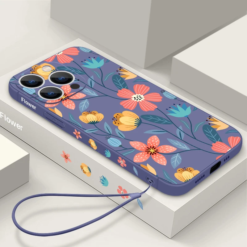Flowers Soft Silicone Lanyard Case For iPhone 17 16e 15 16 Pro Max 12 13 14 11 Pro Max Air Shockproof Bumper Strip Phone Cover