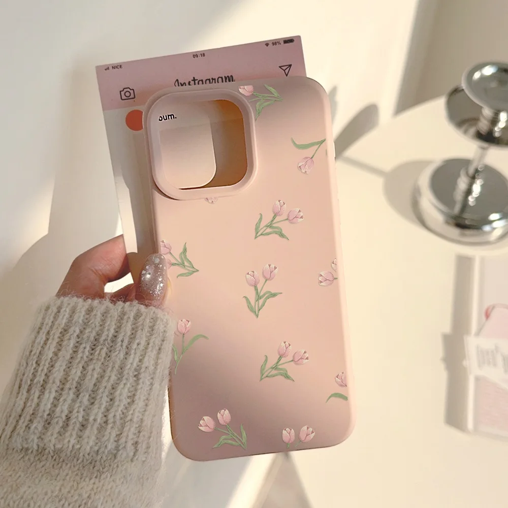 Cute Cartoon Tulip Flower Pattern Phone Case For iPhone 17 16 15 14 13 12 11 Pro Max Plus Silicone Shockproof Cases Cover