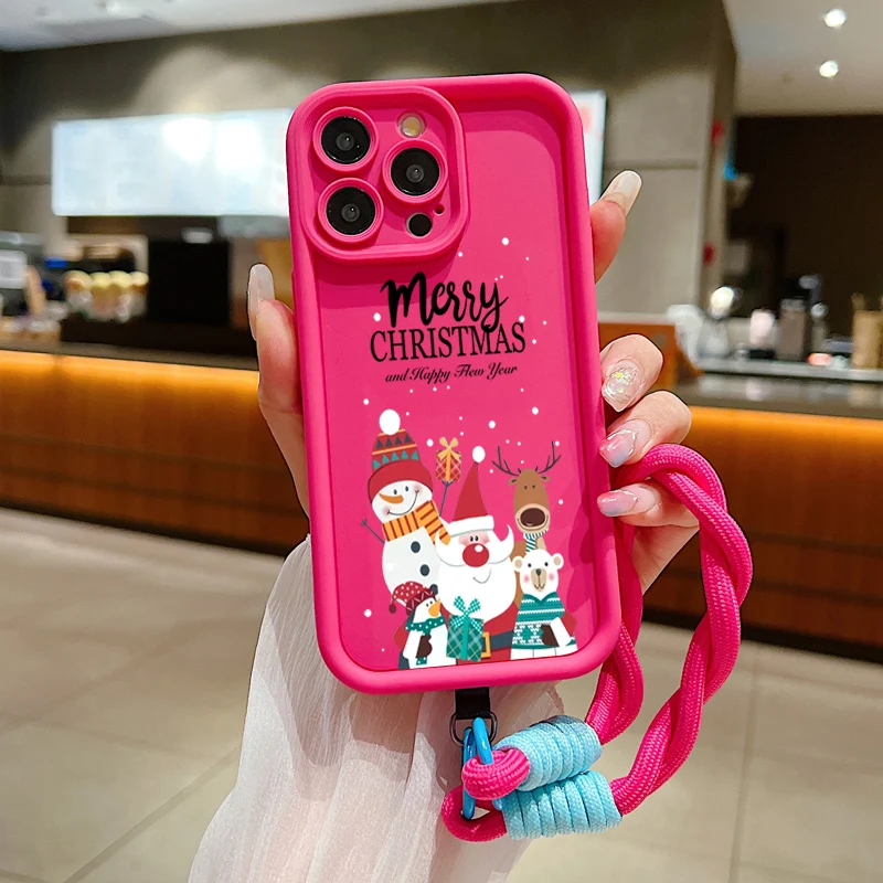 Christmas Pattern Lanyard Rope Phone Case For iPhone 16 15 14 13 12 11 Pro Max X XS XR 7 8 Plus Shockproof Soft Silicone Cover