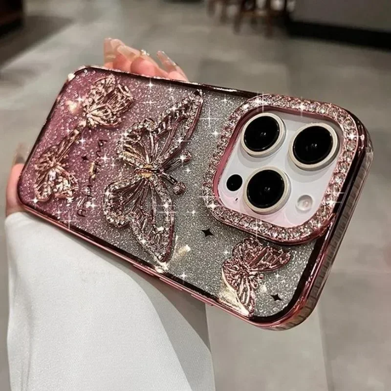 Plating Women Girl's Diamond Butterfly Phone Case for iPhone 17 16 11 12 13 14 15 Pro Max Plus Transparent Soft Silicone Cover