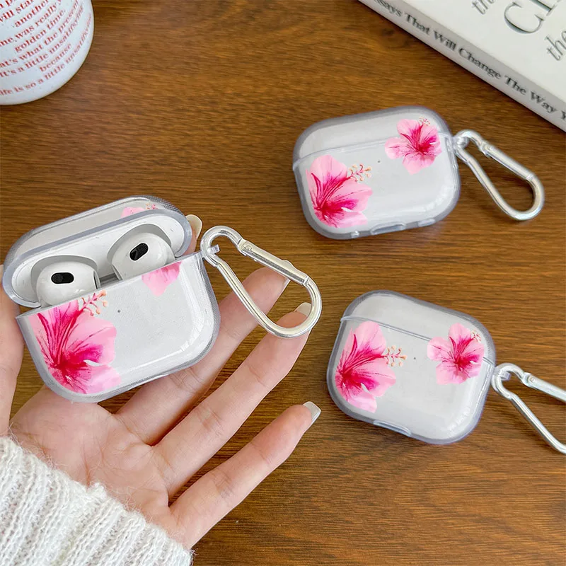 S88fcfd1e9eef41449ecf03be5d28f20fW.webp Pink Hibiscus Flower Clear Case for AirPods 4/3/2/1 Earphone Case with Carabiner,Airpod Pro2/Pro3/Pro Shockproof Headphone Case