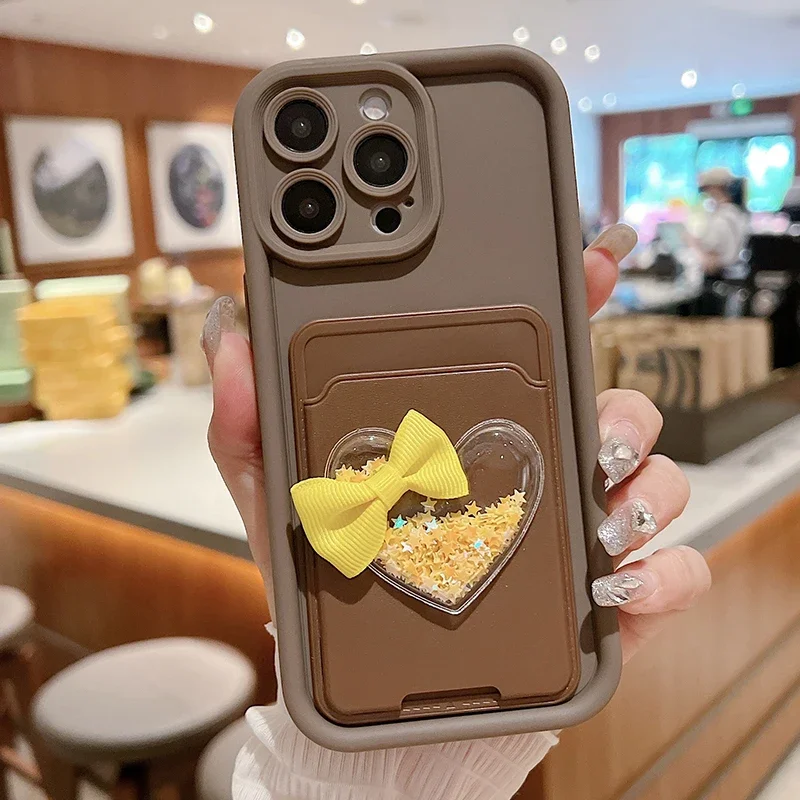 Lovely 3D Love Heart Card Bag Holder Phone Case For iPhone 17 Pro 16 15 14 13 12 11 Pro Max 7 8 Plus Shockproof Candy Soft Cover