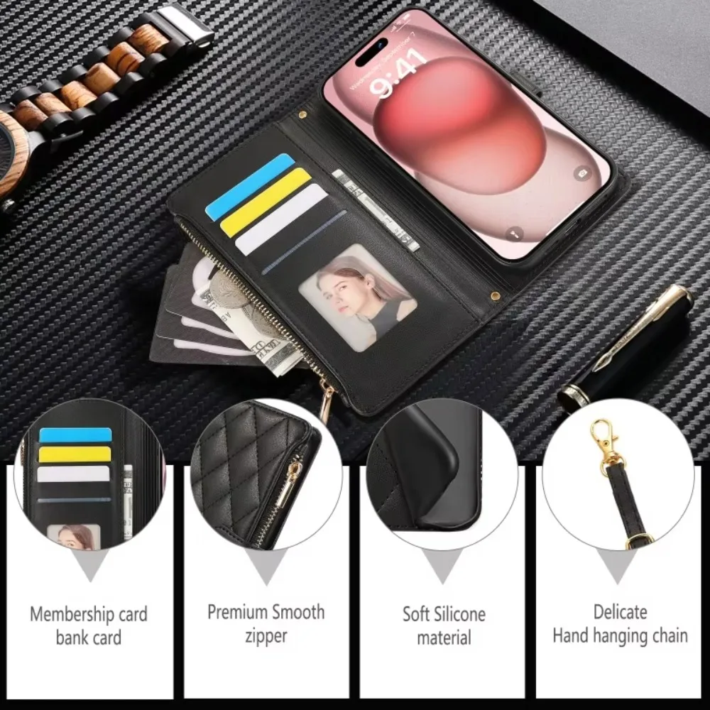 S8a66053ce97a4dd3b5548a7c00f8ccf8I.webp PU Leather Card Holder Wallet Phone Case with Crossbody & Wrist Strap for iPhone 16E 17 Ari 16 15 14 13 12 11 Pro Max XS 8 Plus