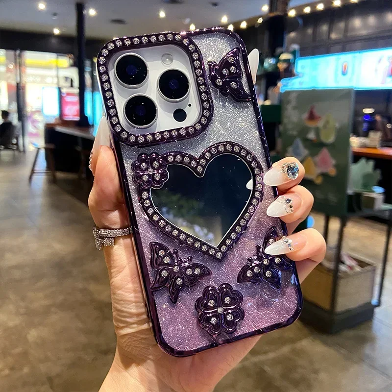 Gradient Glitter Butterfly Case for iPhone 17 16 15 14 13 12 11 Pro Max Love Heart Make-up Mirror Diamond Lens Shockproof Cover
