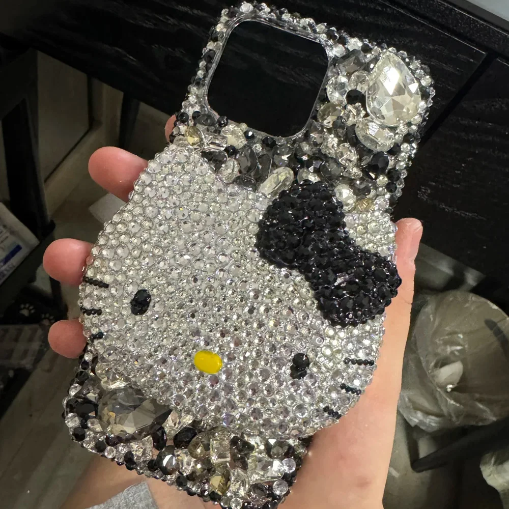 Cute Kitty Cat Rhinestone Bling Crystal Phone Case Chain For iPhone 16 12 13 14 15Pro Max X Xs XR 7 8 Plus SE 2 3 10 Transparent Bu