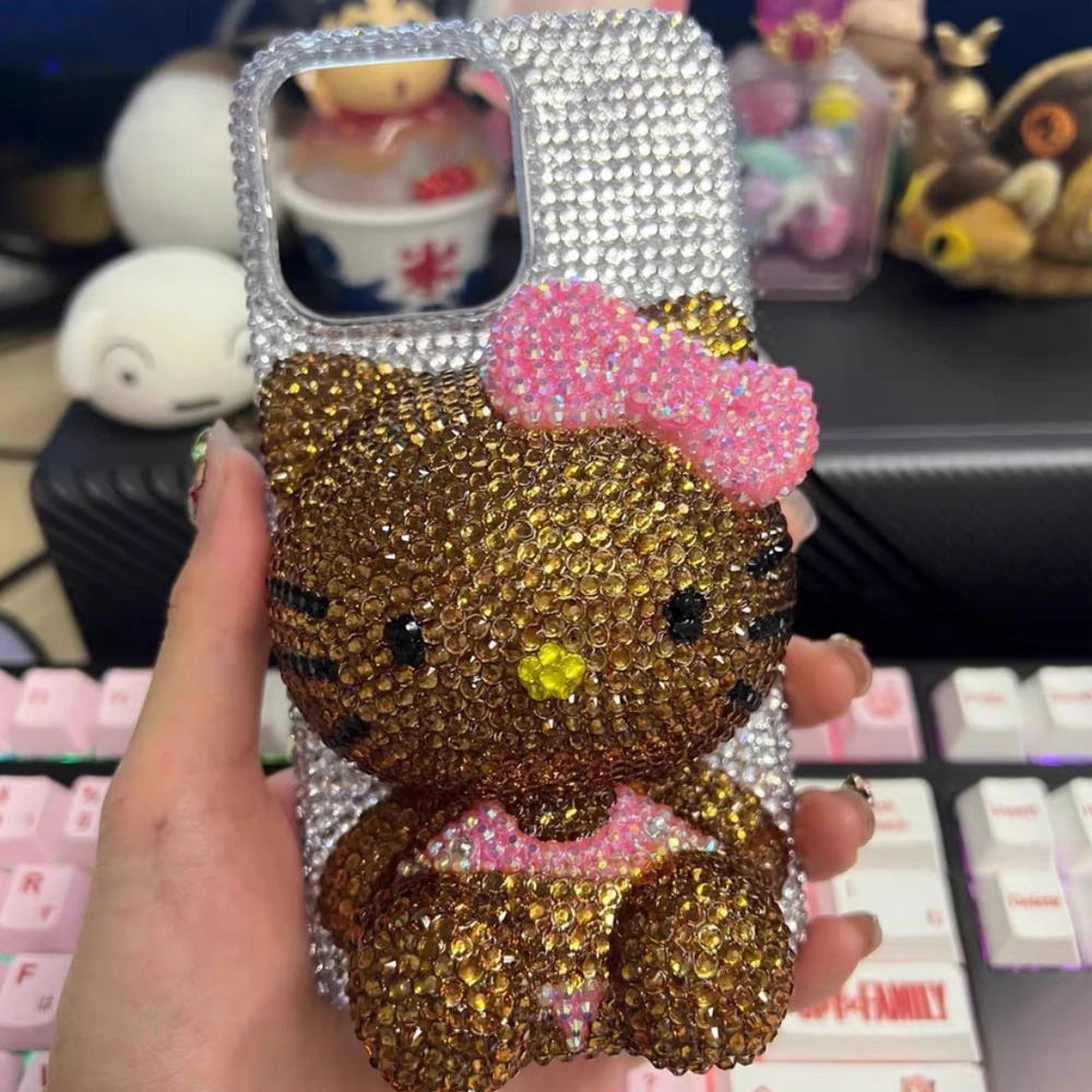 Cute Kitty Cat Rhinestone Bling Crystal Phone Case Chain For iPhone 16 12 13 14 15Pro Max X Xs XR 7 8 Plus SE 2 3 10 Transparent Bu