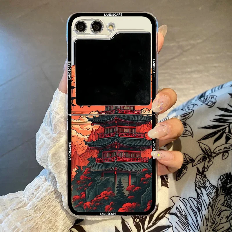 S8cf72734d0aa45c99a5cf56da03113feD.webp Japan Anime Landscape Phone Case For Samsung Galaxy Z Flip 7 6 5 3 4 Sakura Hard PC Shockproof Full Protective Cover For Zflip4