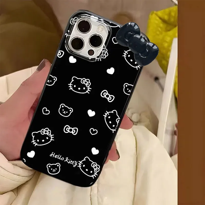 Full Screen Cute Kitty Cartoon Cat Bow Cute KT Bear Phone Case For iPhone 16 15 14 13 12 11 Pro Max XR XS MAX 7 8 Plus MINI Y2K Black Cover