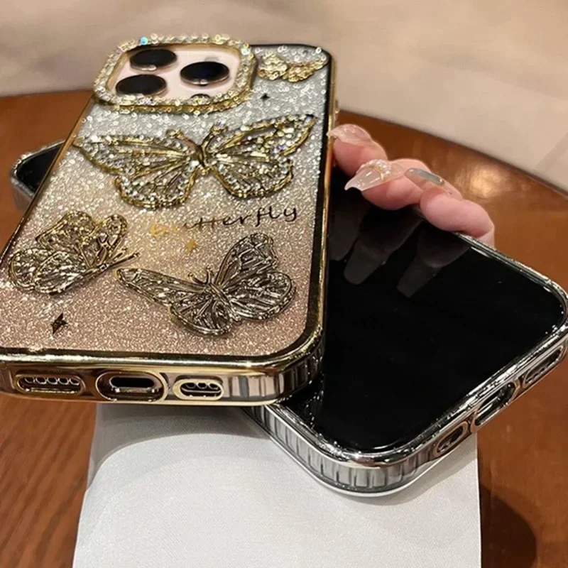 S8d9c6c137e53477fbc32716e4a8ffef7A.webp Plating Women Girl's Diamond Butterfly Phone Case for iPhone 17 16 11 12 13 14 15 Pro Max Plus Transparent Soft Silicone Cover
