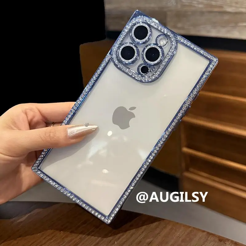 S8ec36b0eb2a846b68910b1df8a6d301cS.webp Luxury Plating Diamond Rhinestone Case For iPhone 17 Air 16 Pro Max 15 14 13 Bling Glitter Square Soft Clear Shockproof Cover