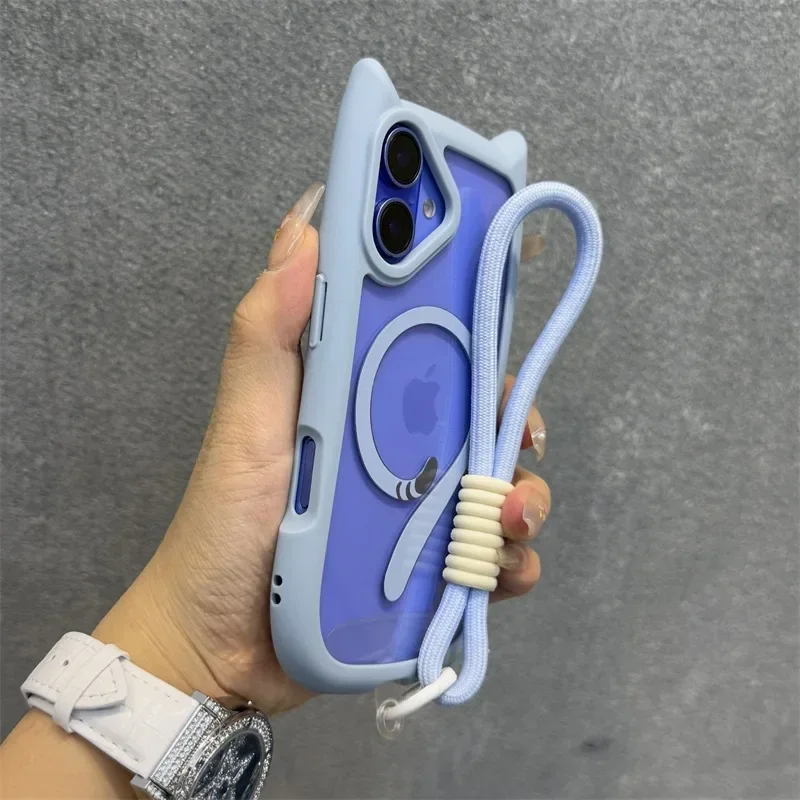 3D Cute Cat Ear Magsafe Case for iPhone 17 Pro 13 14 15 16 Plus 11 12 Pro Max Transparent PC Armor Cover with Wrist Strap Chain