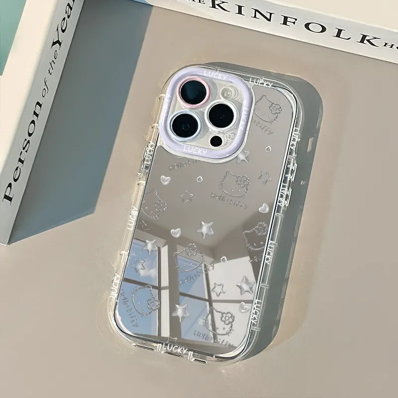 Full Screen Cute Kitty Cartoon Cat Line Star Mirror Phone Case For iPhone 16 15 14 13 12 11 Pro Max XR XS MAX 7 8 PLUS Y2K Pink Girl Cover