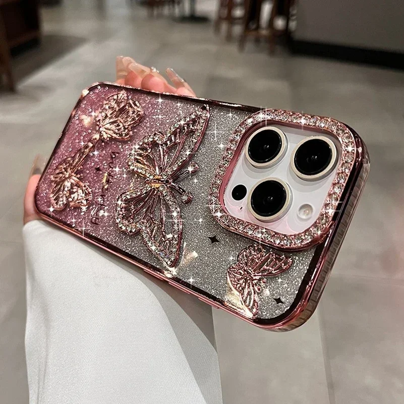 S91a2bc9ffbf344818cc9e937b92d0d15c.webp Plating Women Girl's Diamond Butterfly Phone Case for iPhone 17 16 11 12 13 14 15 Pro Max Plus Transparent Soft Silicone Cover