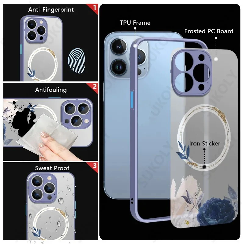 S923b510d4a324273a227cfe38cb01351r.webp Flower Pattern Case For iPhone 17 16 13 15 Pro Max 14 12 Pro 11 Air Shockproof For Magsafe Charging Iron Ring Matte Phone Cover