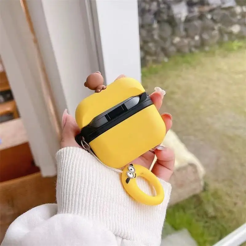 3D Cartoon Big Eyes with Bear Toy for AirPod Pro 2 Case, Yellow Protective Earphone Silicone Cover for AirPod 1/2/3 Kids Boys Girls