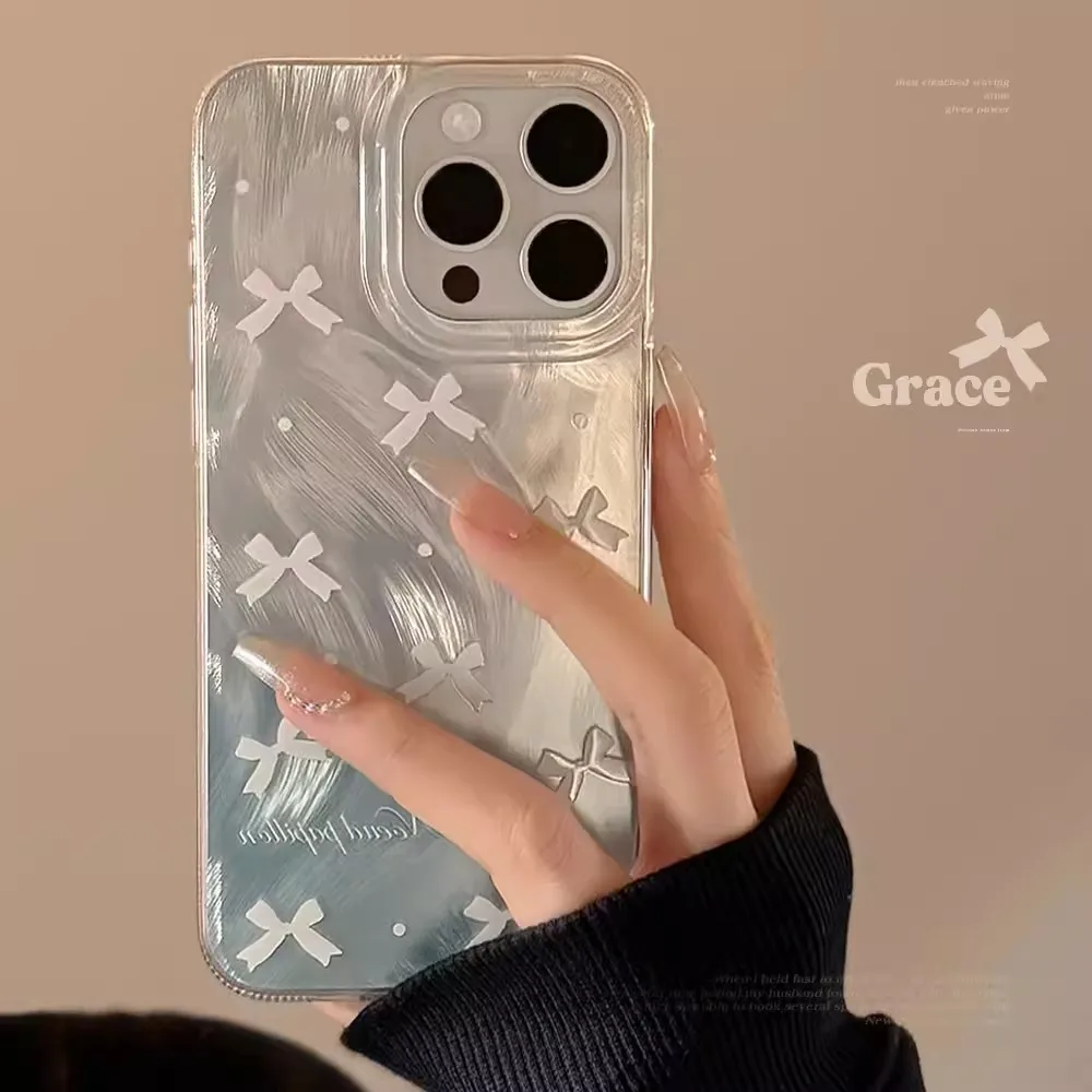 Luxury Laser Silver Bow knot Case for iPhone 17 Air 16 15 14 13 12 11 Pro Max Plus 16E 7 8 SE2 X XS XR Shockproof Bumper Fundas