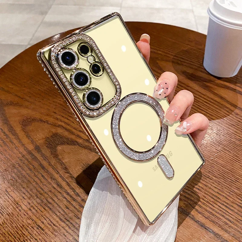 S95058da890714e5eb85a35a0d1e5b886S.webp Luxury Sparkly Crystal Clear Case For Samsung Galaxy S24 Plus S23 S22 Ultra Magsafe Magnetic Wireless Charge Lens Film Cover
