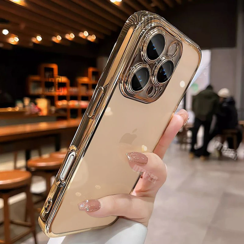 S953b348b79f24fe09f3008453a3ded71Q.webp New Senior Transparency Original Ultrathin Plating Case for iPhone 16 15 14 13 12 11 Pro Max Plus Lens Film Protect Soft Cover
