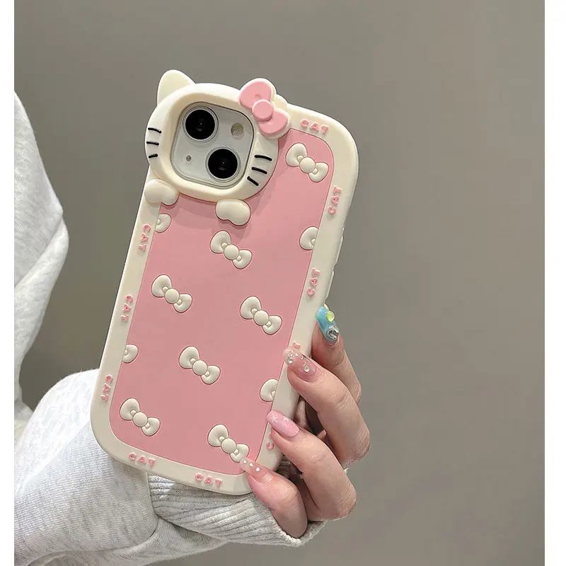 S9572b21fb2314095a1062c339ace3d960.webp Lovely Cute Kitty Cartoon Cat 3D Bow KT Head Phone Case For iPhone 16 15 14 13 12 11 Pro Max Cartoon Y2K Pink Kawaii Silicone Cover