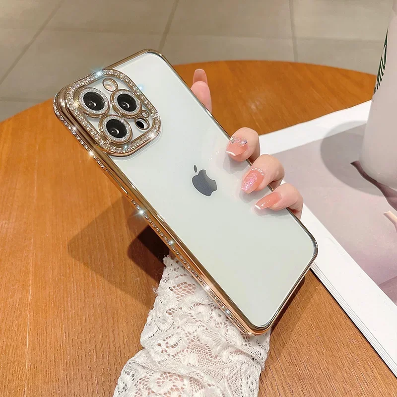 Comes With Lens Film Plating Flash Diamond Silicone Phone Case For IPhone 17 16 15 14 13 12 11 Pro Max Rhinestone Cover