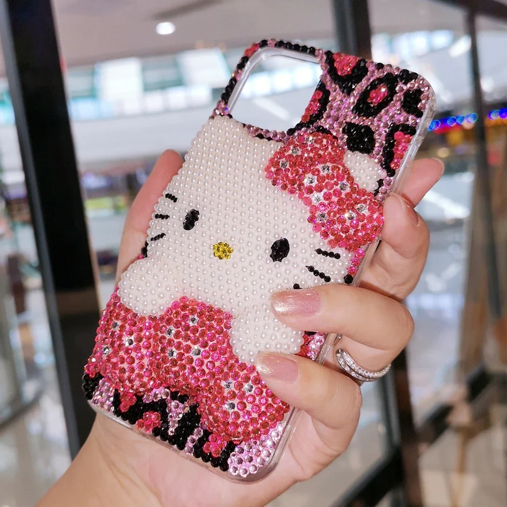 Kitty Cartoon Cat Rhinestone Bling Crystal Phone Case Chain For iPhone17 16 15 14 13 12 11Pro Max XR 7 8 Plus SE Mini Transparent
