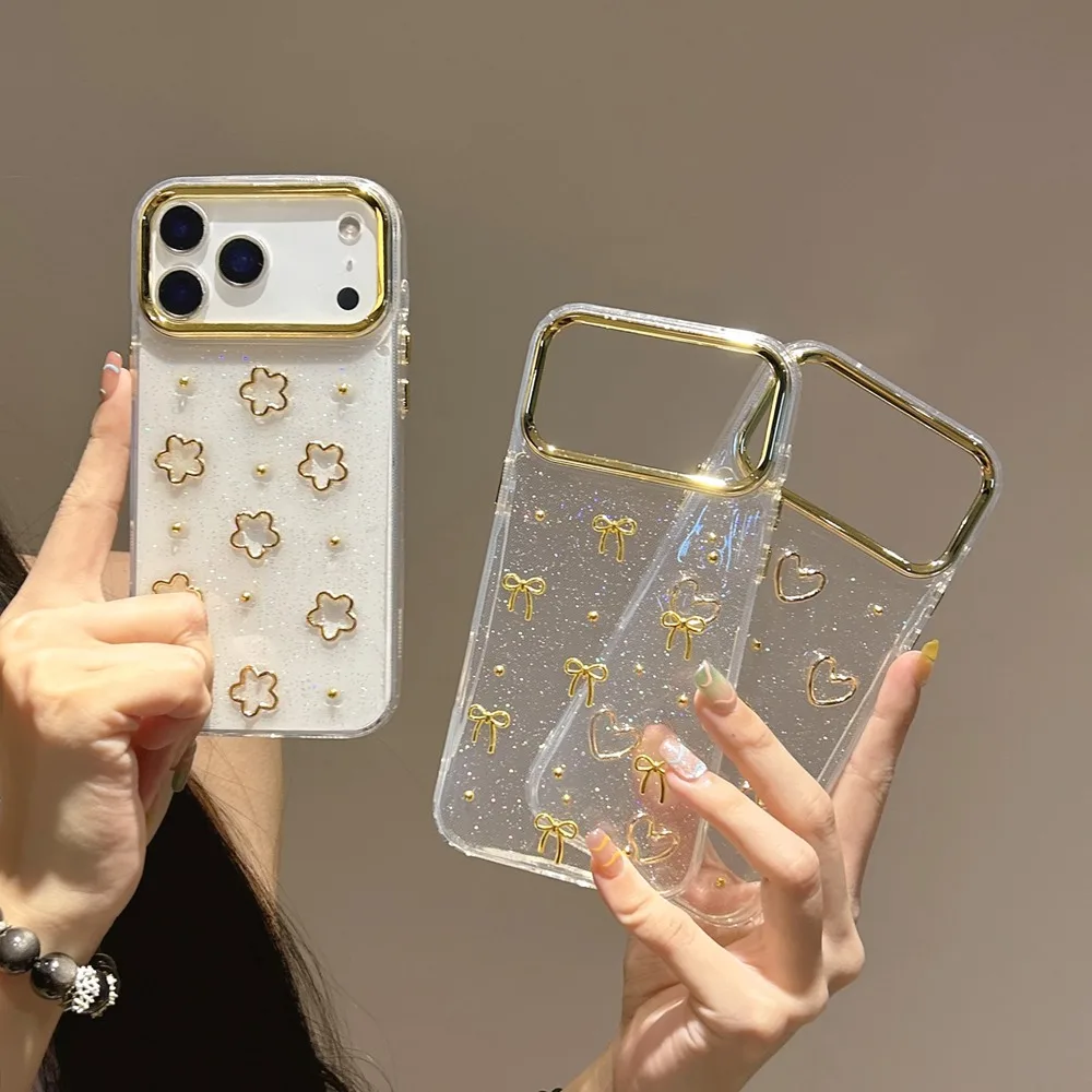Cute 3D Golden Bowknot Transparent Case For iPhone 17 Air 11 12 13 14 16 Pro Max 15 Plus Girl's Epoxy Shell Clear Slim Cover