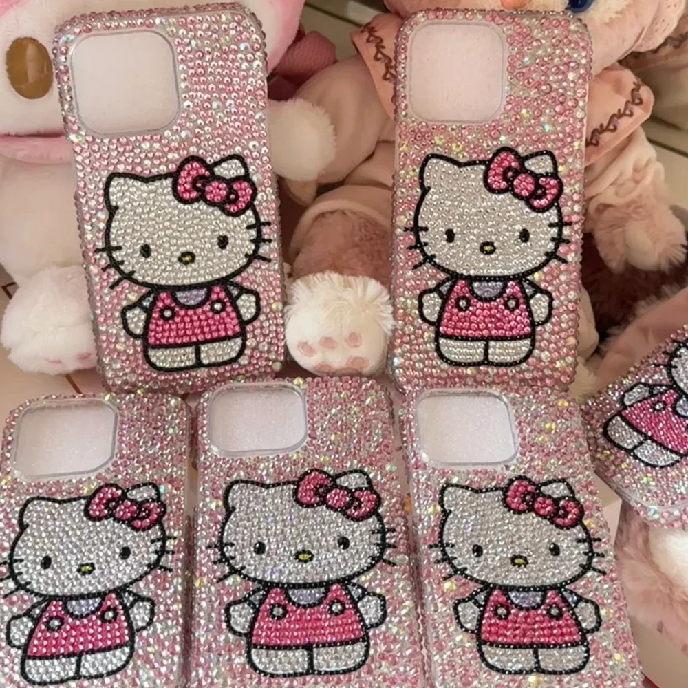 Cute Kitty Cat Rhinestone Bling Crystal Phone Case Chain For iPhone 16 12 13 14 15Pro Max X Xs XR 7 8 Plus SE 2 3 10 Transparent Bu