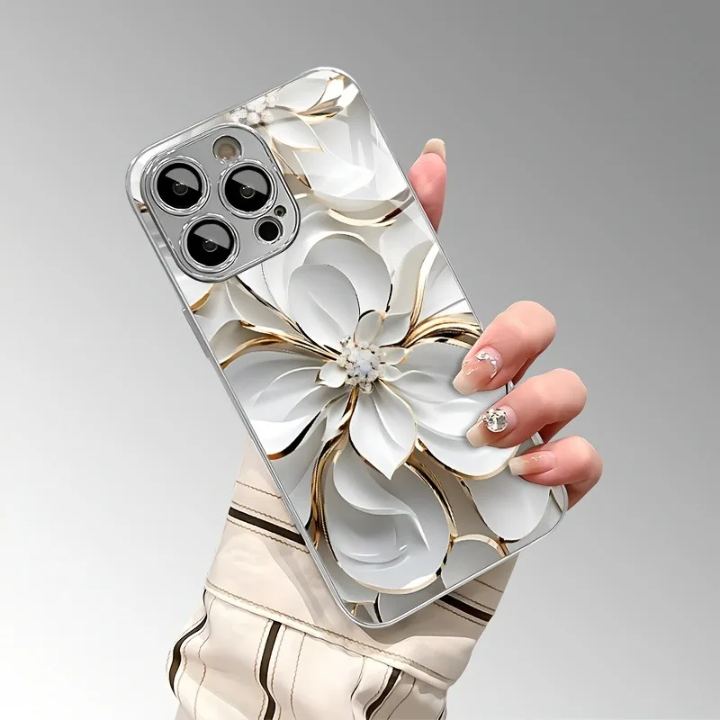 S993e2cc3043c4e3c9bfe6653857d4170S.webp Oil Painting White Flowers Tempered Glass Electroplated Phone Case For iPhone 17 16 15 14 13 12 11 Pro Max Plus 16E 17 Air Cover
