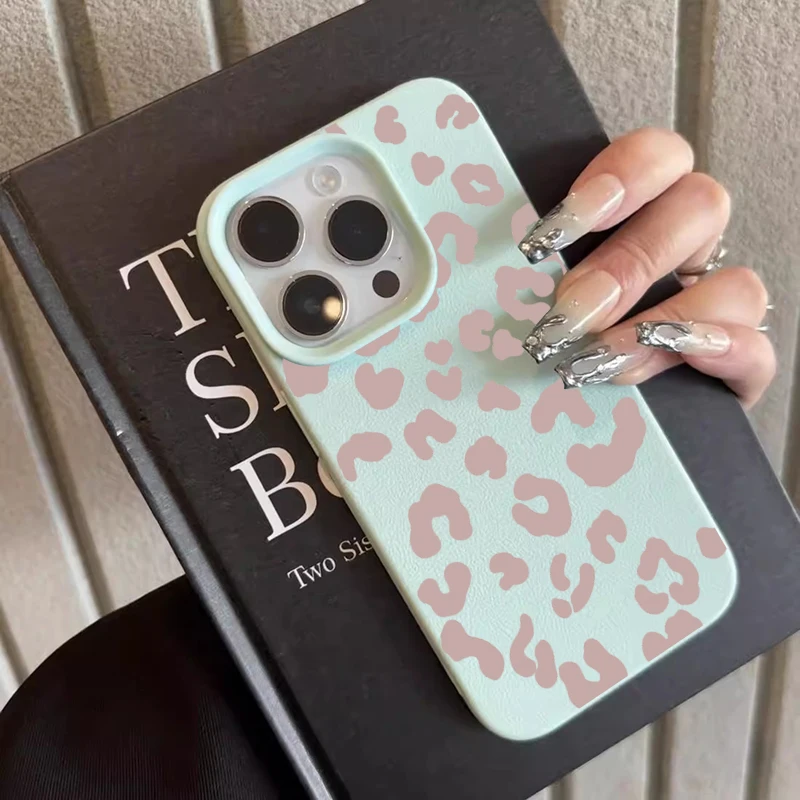 For iPhone 17 16 15 14 13 12 11 Pro Max Case Pink Leopard Print Lichee Pattern Silicone Cover For iPhone XS X XR 16 Plus Fundas
