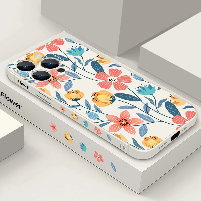 Flowers Soft Silicone Lanyard Case For iPhone 17 16e 15 16 Pro Max 12 13 14 11 Pro Max Air Shockproof Bumper Strip Phone Cover
